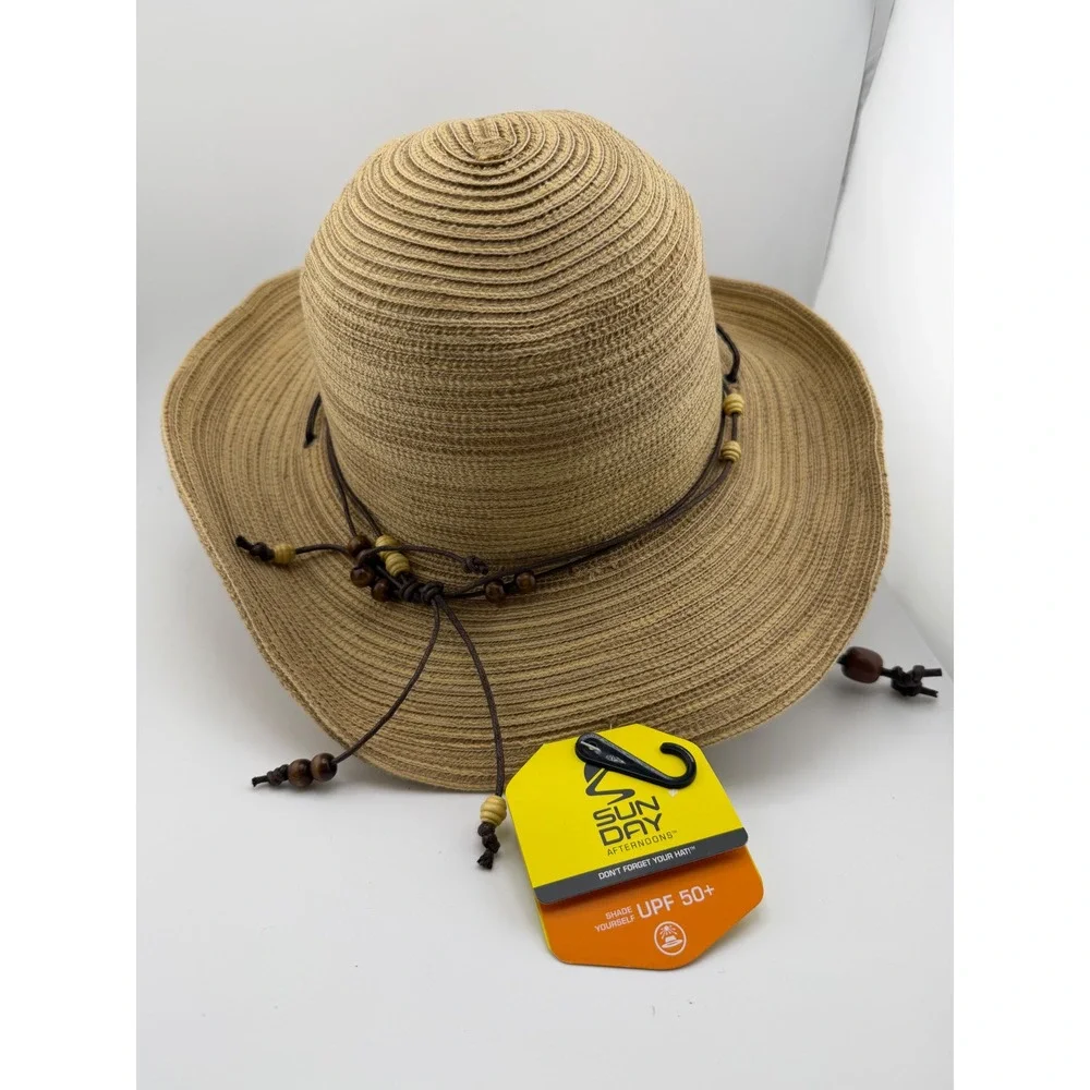 Sunday Afternoons Havana Hat Tan Straw UPF 50+ Sun Hat Beaded Cord Large NWT
